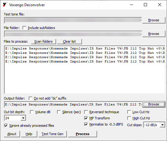 Voxengo Deconvolver settings showing MP Transform and Normalize to -0.3 dBFS