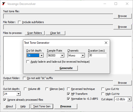 Voxengo Deconvolver sine sweep generation settings