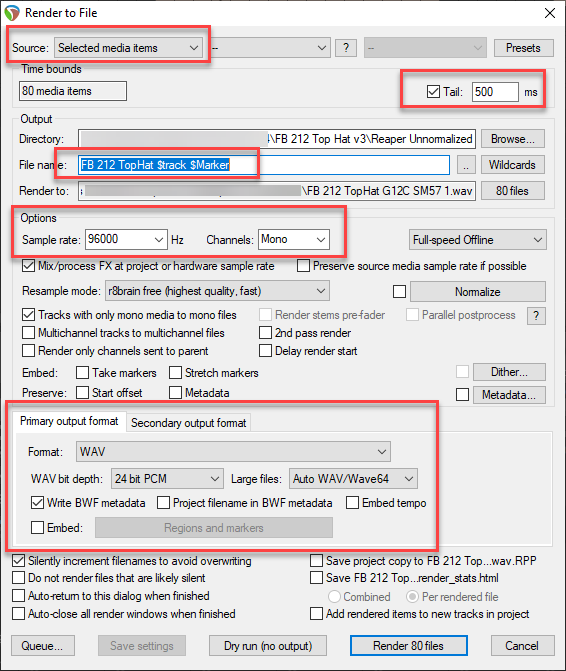 REAPER render settings showing selected media items, 500ms tail, filename wildcards, and WAV output.